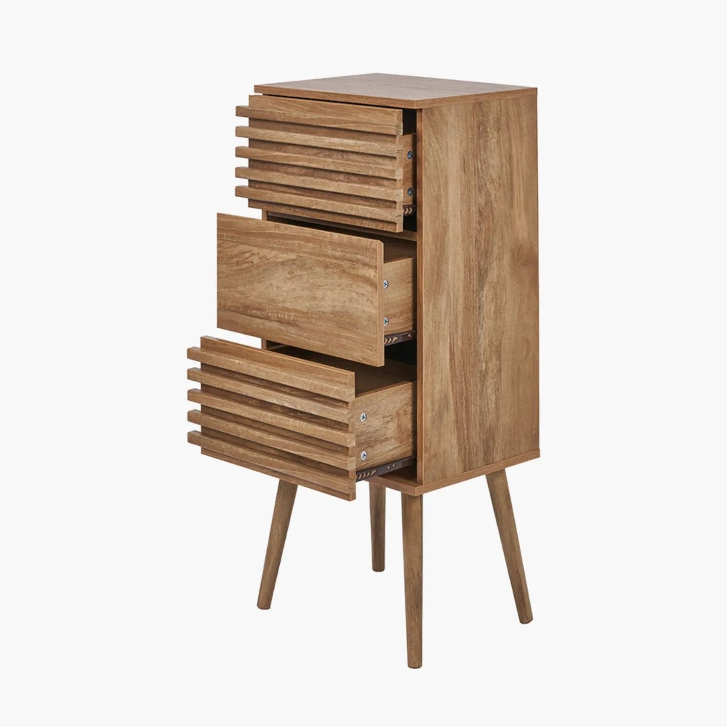 Natural Eucalyptus Wooden 3 Drawer Tall Chest of Drawers with Slatted Fronts – Slim Scandinavian Narrow Tallboy Storage Unit with Tapered Legs 98x43x33cm in Natural Wood Finish | Click Style