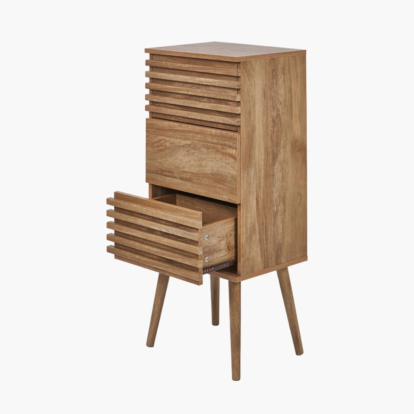 Natural Eucalyptus Wooden 3 Drawer Tall Chest of Drawers with Slatted Fronts – Slim Scandinavian Narrow Tallboy Storage Unit with Tapered Legs 98x43x33cm in Natural Wood Finish | Click Style