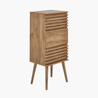 Natural Eucalyptus Wooden 3 Drawer Tall Chest of Drawers with Slatted Fronts – Slim Scandinavian Narrow Tallboy Storage Unit with Tapered Legs 98x43x33cm in Natural Wood Finish | Click Style