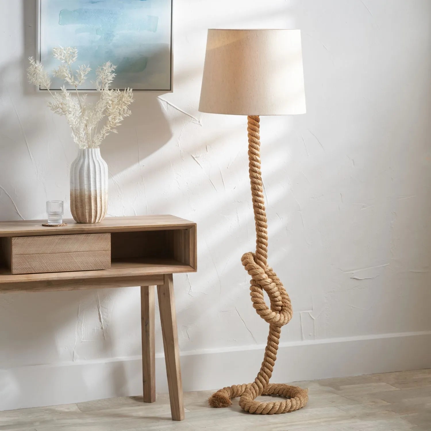 Slub Rope Natural Knotted Rope Floor Lamp with White Cotton Slub Tapered Shade ...