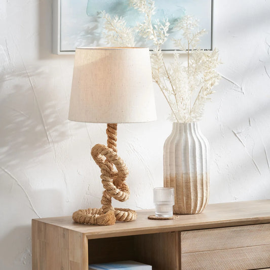 Natural Knotted Rope Table Lamp with White Cotton Slub Tapered Shade – Coastal Lighting for Home Decor 59x28cm - Click Style