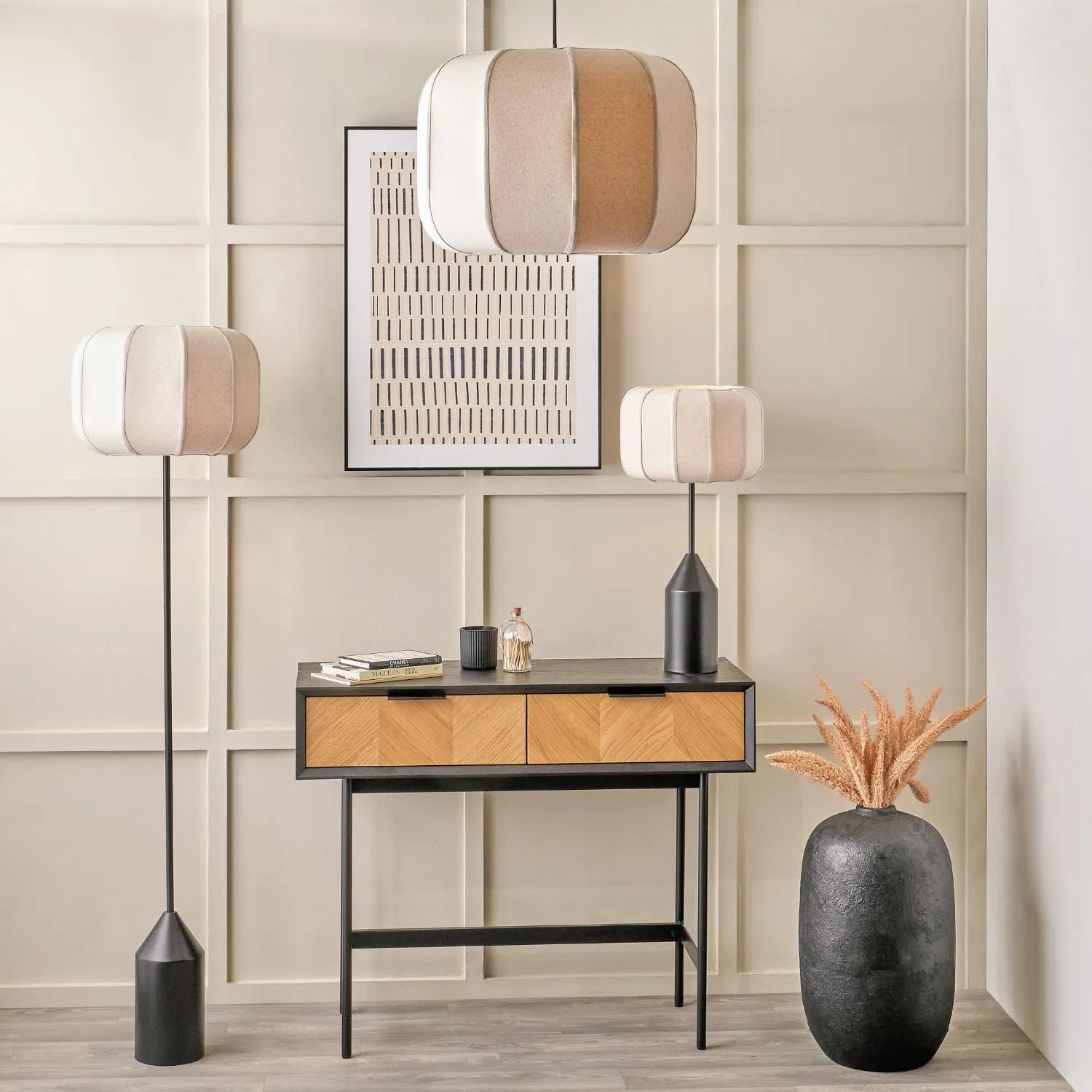 Large Natural Linen Rounded Squat Pendant Ceiling Light with Black Fabric Cable – Adjustable & Dimmable Cream & Black Modern Hanging Lamp 120x51x51cm | Click Style