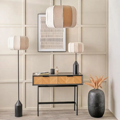 Large Natural Linen Rounded Squat Pendant Ceiling Light with Black Fabric Cable – Adjustable & Dimmable Cream & Black Modern Hanging Lamp 120x51x51cm | Click Style