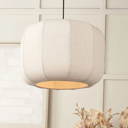 Large Natural Linen Rounded Squat Pendant Ceiling Light with Black Fabric Cable – Adjustable & Dimmable Cream & Black Modern Hanging Lamp 120x51x51cm | Click Style