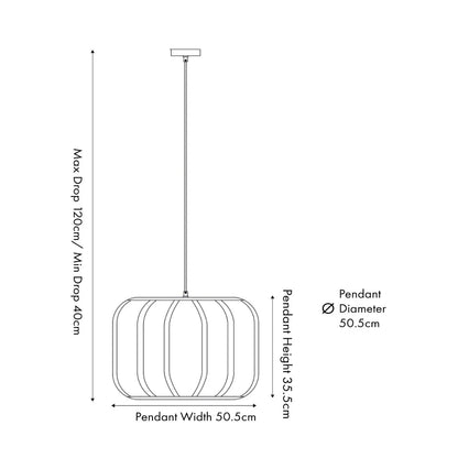 Large Natural Linen Rounded Squat Pendant Ceiling Light with Black Fabric Cable – Adjustable & Dimmable Cream & Black Modern Hanging Lamp 120x51x51cm | Click Style