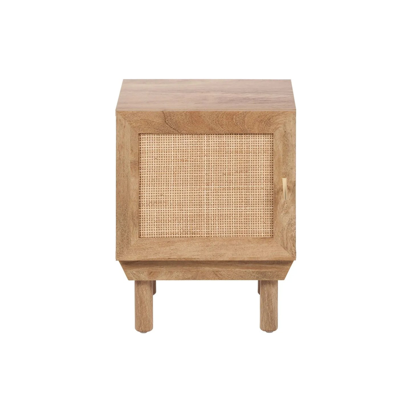 Natural Rattan 1 Door Wooden Side Table Cupboard with Wood Veneer – Bedside Cabinet Storage Unit with Raised Legs, Cane Rattan Door Panel & Brass Handle 50x40x39cm | Click Style