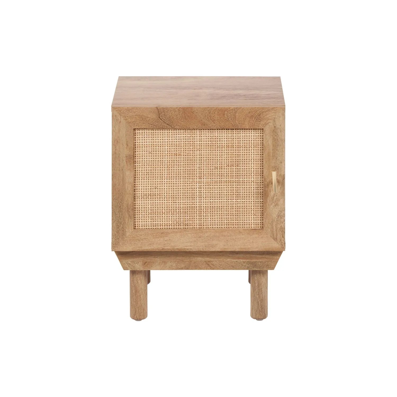 Natural Rattan 1 Door Wooden Side Table Cupboard with Wood Veneer – Bedside Cabinet Storage Unit with Raised Legs, Cane Rattan Door Panel & Brass Handle 50x40x39cm | Click Style