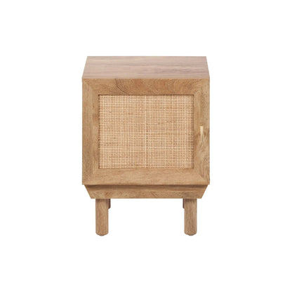 Natural Rattan 1 Door Wooden Side Table Cupboard with Wood Veneer – Bedside Cabinet Storage Unit with Raised Legs, Cane Rattan Door Panel & Brass Handle 50x40x39cm | Click Style