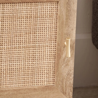 Natural Rattan 1 Door Wooden Side Table Cupboard with Wood Veneer – Bedside Cabinet Storage Unit with Raised Legs, Cane Rattan Door Panel & Brass Handle 50x40x39cm | Click Style