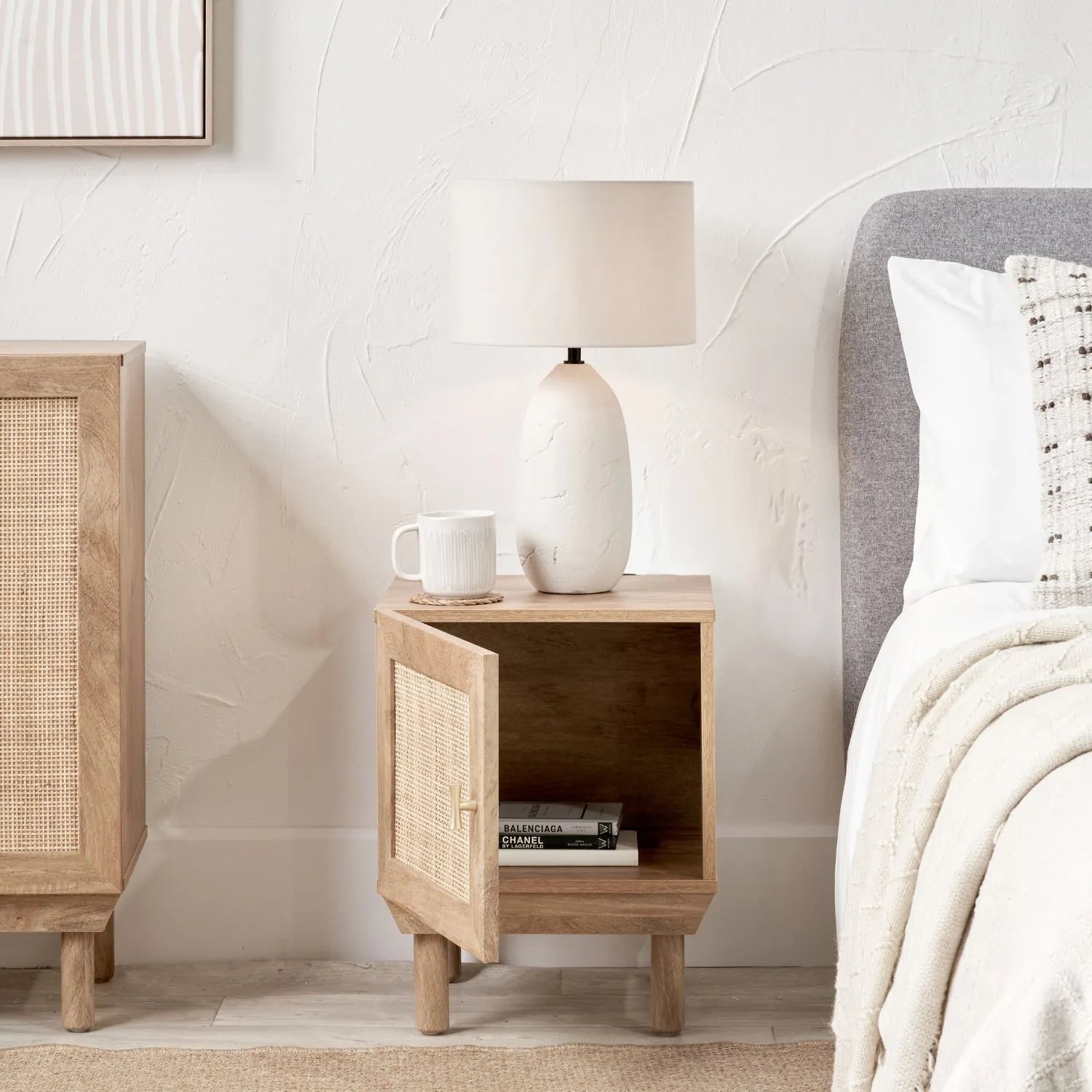 Natural Rattan 1 Door Wooden Side Table Cupboard with Wood Veneer – Bedside Cabinet Storage Unit with Raised Legs, Cane Rattan Door Panel & Brass Handle 50x40x39cm | Click Style