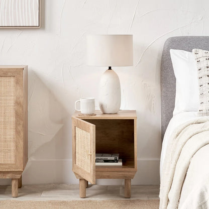 Natural Rattan 1 Door Wooden Side Table Cupboard with Wood Veneer – Bedside Cabinet Storage Unit with Raised Legs, Cane Rattan Door Panel & Brass Handle 50x40x39cm | Click Style