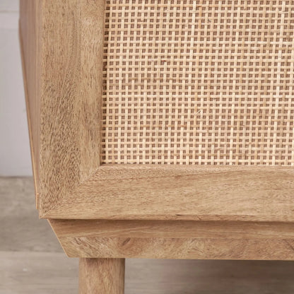 Natural Rattan 1 Door Wooden Side Table Cupboard with Wood Veneer – Bedside Cabinet Storage Unit with Raised Legs, Cane Rattan Door Panel & Brass Handle 50x40x39cm | Click Style