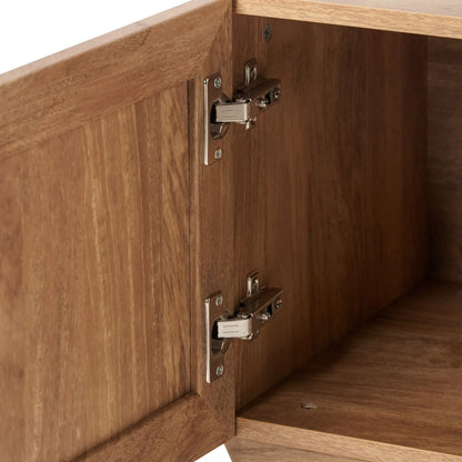 Natural Rattan 1 Door Wooden Side Table Cupboard with Wood Veneer – Bedside Cabinet Storage Unit with Raised Legs, Cane Rattan Door Panel & Brass Handle 50x40x39cm | Click Style