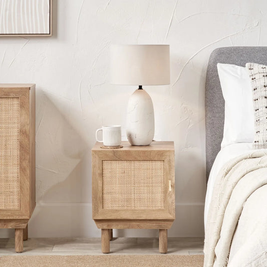 Natural Rattan 1 Door Wooden Side Table Cupboard with Wood Veneer – Bedside Cabinet Storage Unit with Raised Legs, Cane Rattan Door Panel & Brass Handle 50x40x39cm | Click Style