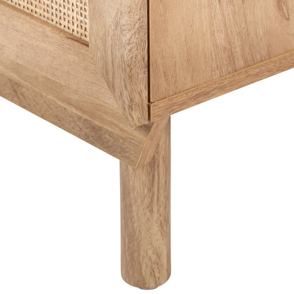 Natural Rattan 1 Door Wooden Side Table Cupboard with Wood Veneer – Bedside Cabinet Storage Unit with Raised Legs, Cane Rattan Door Panel & Brass Handle 50x40x39cm | Click Style