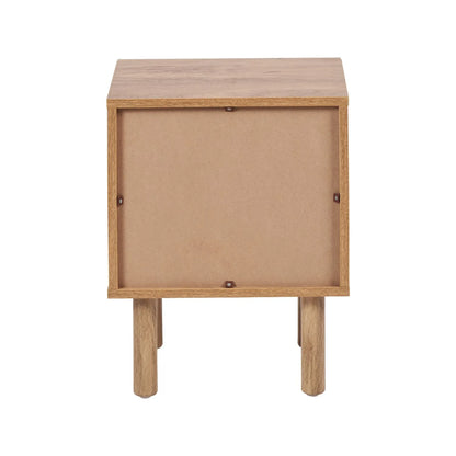 Natural Rattan 1 Door Wooden Side Table Cupboard with Wood Veneer – Bedside Cabinet Storage Unit with Raised Legs, Cane Rattan Door Panel & Brass Handle Back 50x40x39cm | Click Style