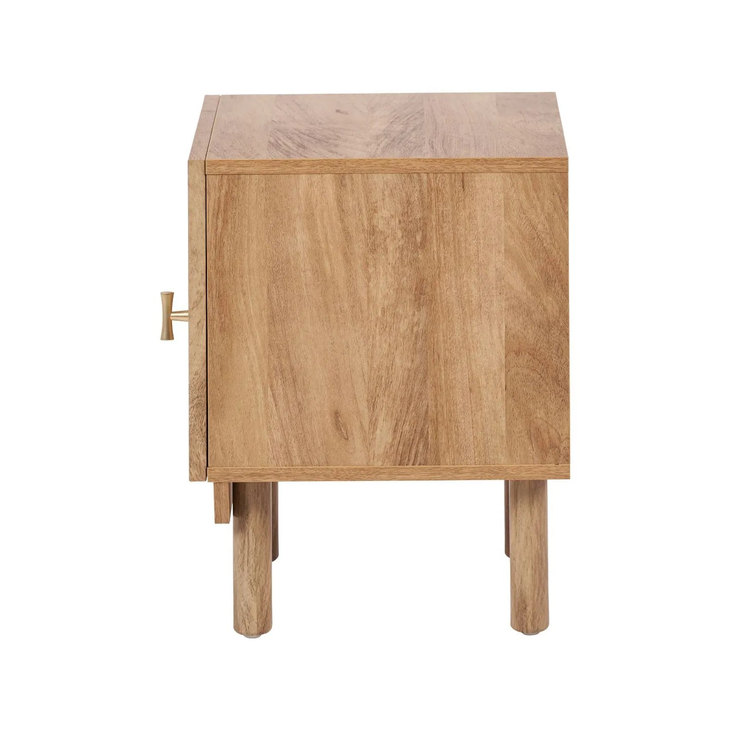 Natural Rattan 1 Door Wooden Side Table Cupboard with Wood Veneer – Bedside Cabinet Storage Unit with Raised Legs, Cane Rattan Door Panel & Brass Handle Side 50x40x39cm | Click Style