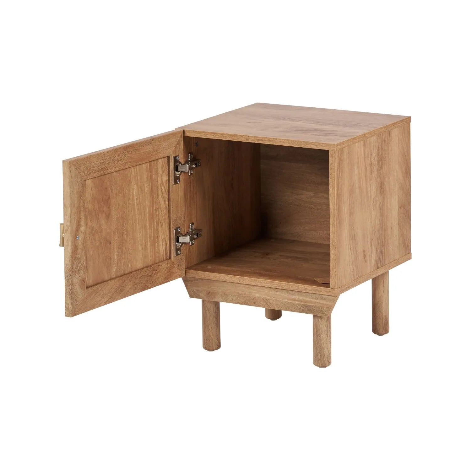 Natural Rattan 1 Door Wooden Side Table Cupboard with Wood Veneer – Bedside Cabinet Storage Unit with Raised Legs, Cane Rattan Door Panel & Brass Handle 50x40x39cm | Click Style