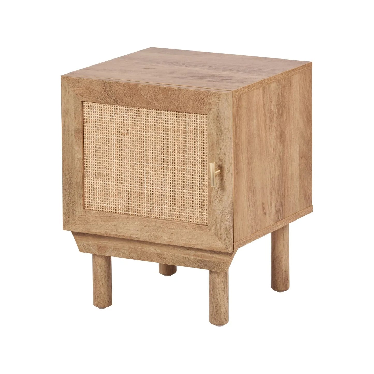 Natural Rattan 1 Door Wooden Side Table Cupboard with Wood Veneer – Bedside Cabinet Storage Unit with Raised Legs, Cane Rattan Door Panel & Brass Handle 50x40x39cm | Click Style