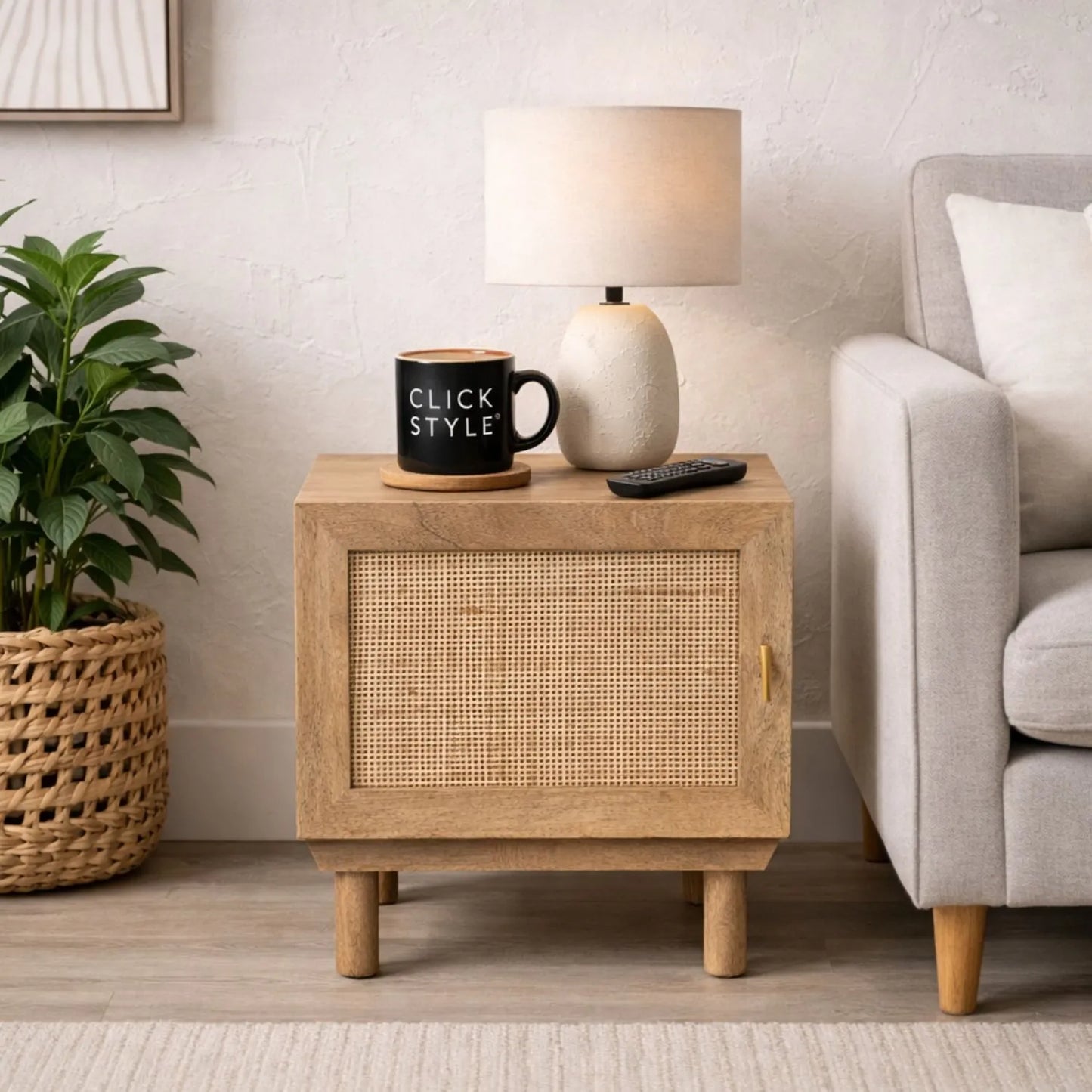 Natural Rattan 1 Door Wooden Side Table Cupboard with Wood Veneer – Bedside Cabinet Storage Unit with Raised Legs, Cane Rattan Door Panel & Brass Handle 50x40x39cm | Click Style