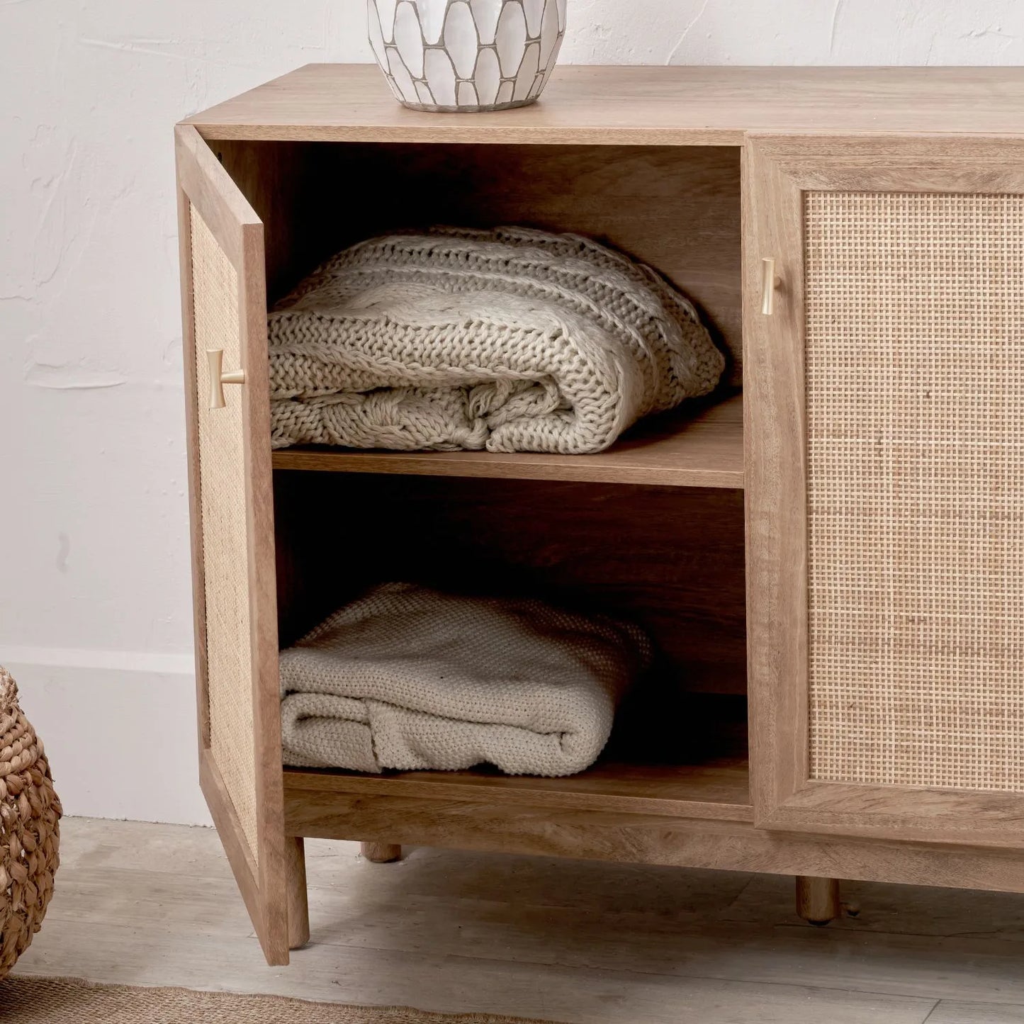 Natural Rattan 2 Door Storage Cabinet with Wood Veneer – Wooden Sideboard Cupboard with Internal Shelves & Raised Legs for Living Rooms & Hallways 80x107x39cm | Click Style