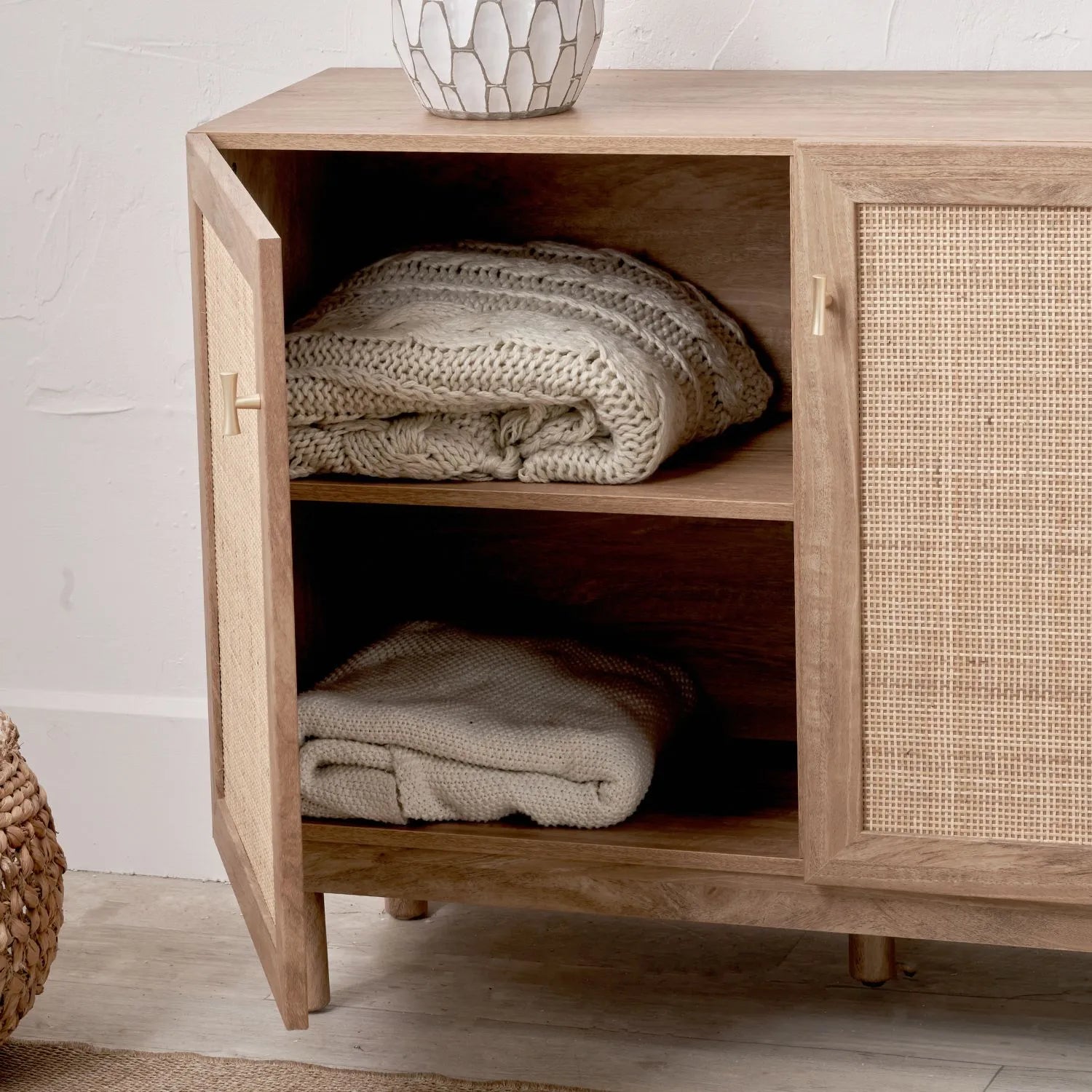 Natural Rattan 2 Door Storage Cabinet with Wood Veneer – Wooden Sideboard Cupboard with Internal Shelves & Raised Legs for Living Rooms & Hallways 80x107x39cm | Click Style