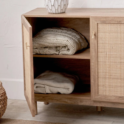 Natural Rattan 2 Door Storage Cabinet with Wood Veneer – Wooden Sideboard Cupboard with Internal Shelves & Raised Legs for Living Rooms & Hallways 80x107x39cm | Click Style