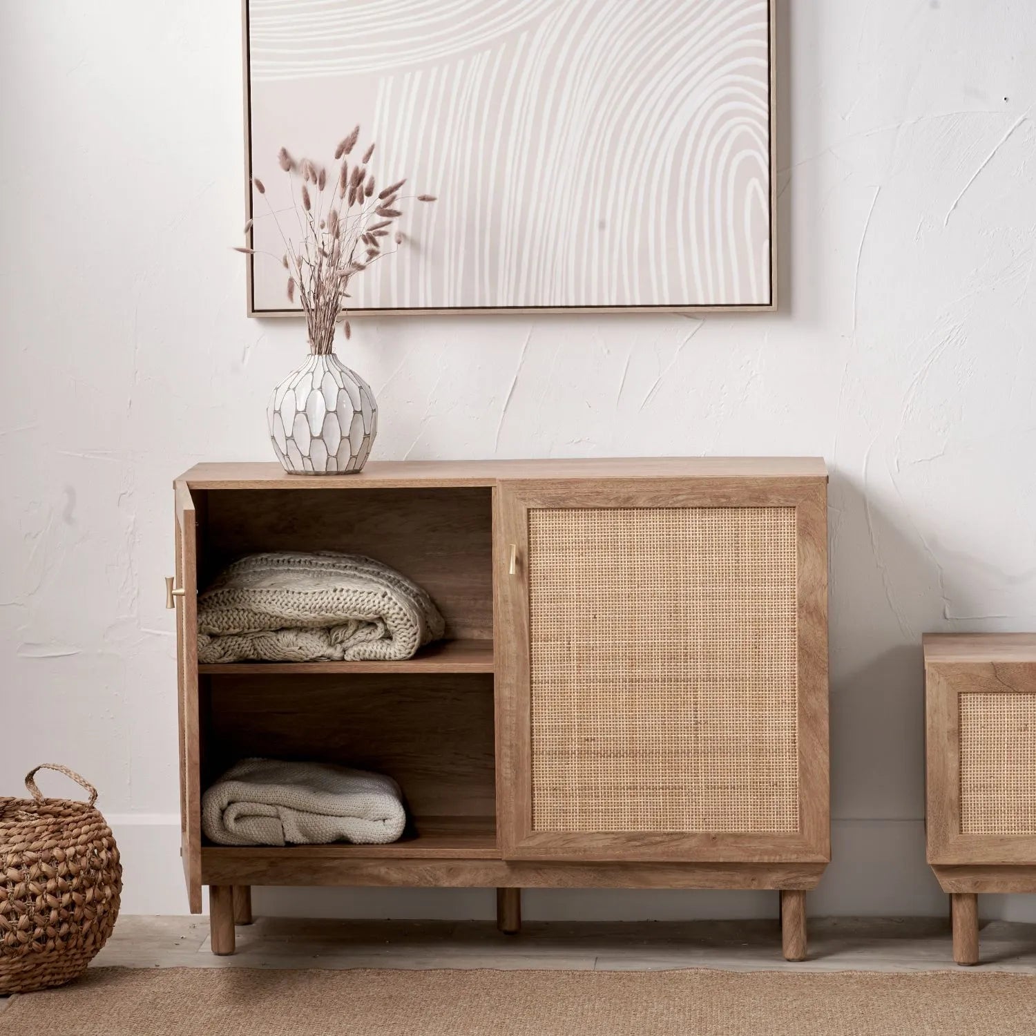 Natural Rattan 2 Door Storage Cabinet with Wood Veneer – Wooden Sideboard Cupboard with Internal Shelves & Raised Legs for Living Rooms & Hallways 80x107x39cm | Click Style