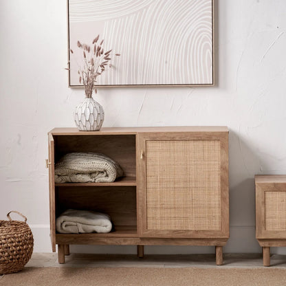 Natural Rattan 2 Door Storage Cabinet with Wood Veneer – Wooden Sideboard Cupboard with Internal Shelves & Raised Legs for Living Rooms & Hallways 80x107x39cm | Click Style