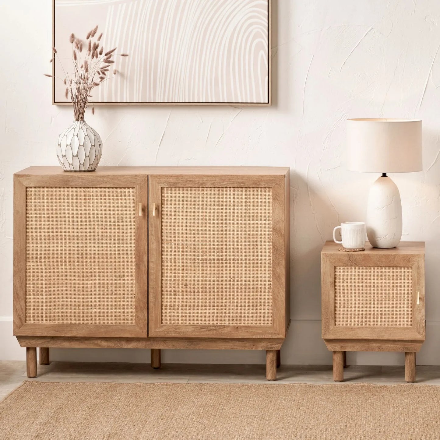 Natural Rattan 2 Door Storage Cabinet with Wood Veneer – Wooden Sideboard Cupboard with Internal Shelves & Raised Legs for Living Rooms & Hallways 80x107x39cm | Click Style