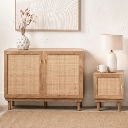 Natural Rattan 2 Door Storage Cabinet with Wood Veneer – Wooden Sideboard Cupboard with Internal Shelves & Raised Legs for Living Rooms & Hallways 80x107x39cm | Click Style