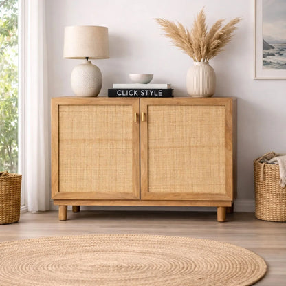 Natural Rattan 2 Door Storage Cabinet with Wood Veneer – Wooden Sideboard Cupboard with Internal Shelves & Raised Legs for Living Rooms & Hallways 80x107x39cm | Click Style
