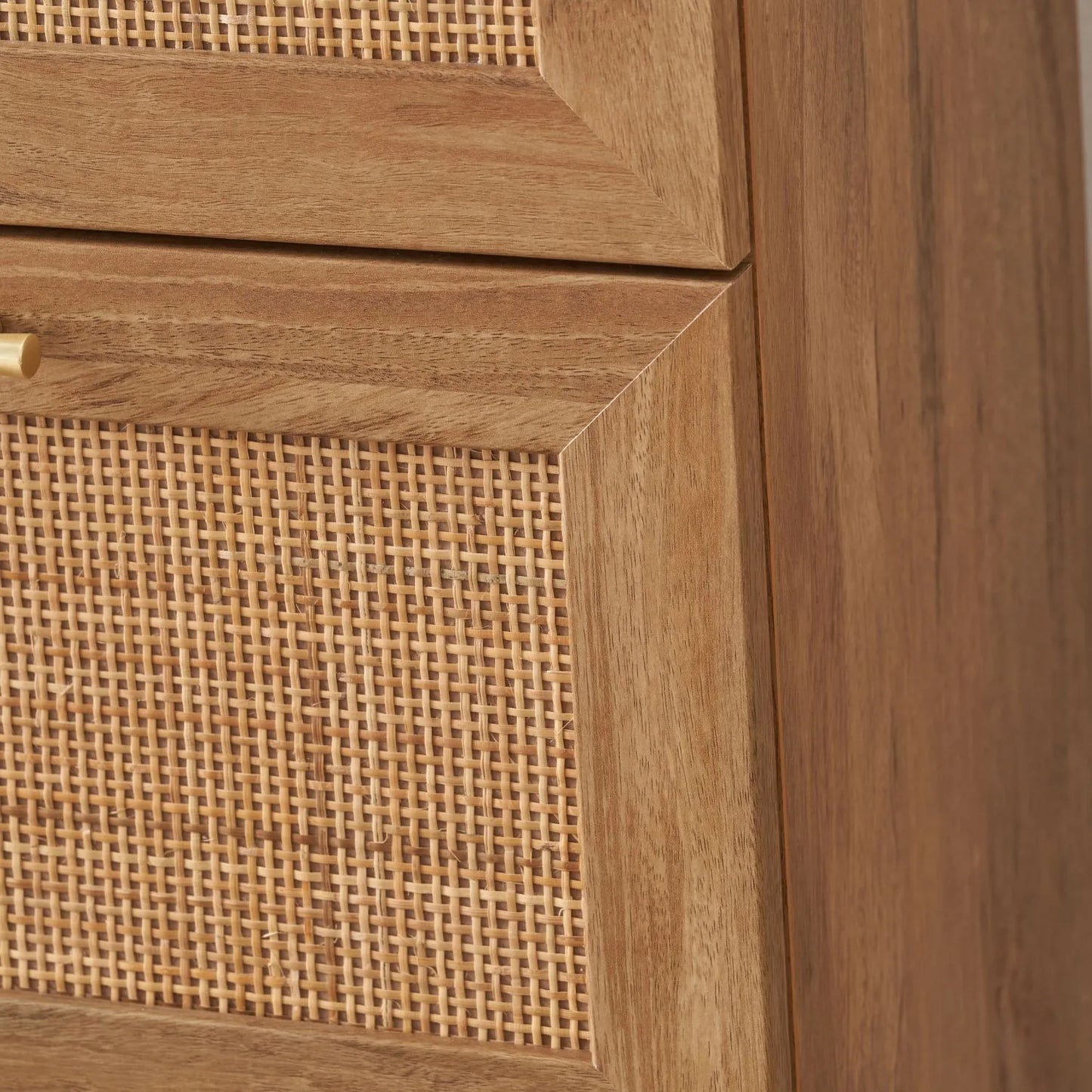 Natural Rattan 3 Drawer Wooden Chest of Drawers with Wood Veneer – Slim Tallboy Storage Unit with Raised Legs 98x43x33cm – Natural Wood Bedroom Storage Cabinet with Woven Rattan Drawer Fronts, Brass Handles and Scandi Style Design | Click Style