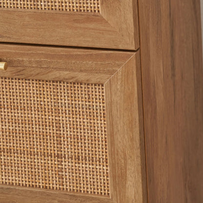 Natural Rattan 3 Drawer Wooden Chest of Drawers with Wood Veneer – Slim Tallboy Storage Unit with Raised Legs 98x43x33cm – Natural Wood Bedroom Storage Cabinet with Woven Rattan Drawer Fronts, Brass Handles and Scandi Style Design | Click Style