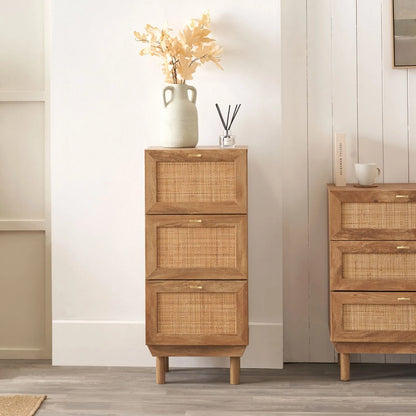 Natural Rattan 3 Drawer Wooden Chest of Drawers with Wood Veneer – Slim Tallboy Storage Unit with Raised Legs 98x43x33cm – Natural Wood Bedroom Storage Cabinet with Woven Rattan Drawer Fronts, Brass Handles and Scandi Style Design | Click Style