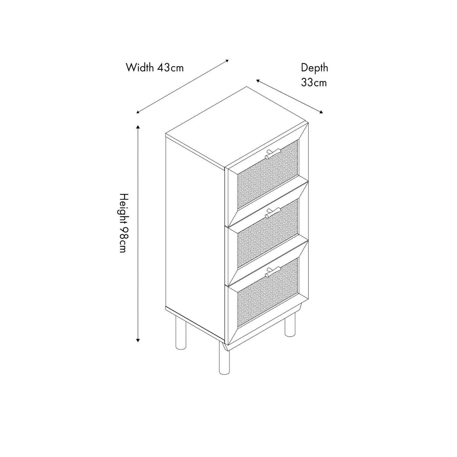 Natural Rattan 3 Drawer Wooden Chest of Drawers with Wood Veneer – Slim Tallboy Storage Unit with Raised Legs Dimensions 98x43x33cm – Natural Wood Bedroom Storage Cabinet with Woven Rattan Drawer Fronts, Brass Handles and Scandi Style Design | Click Style