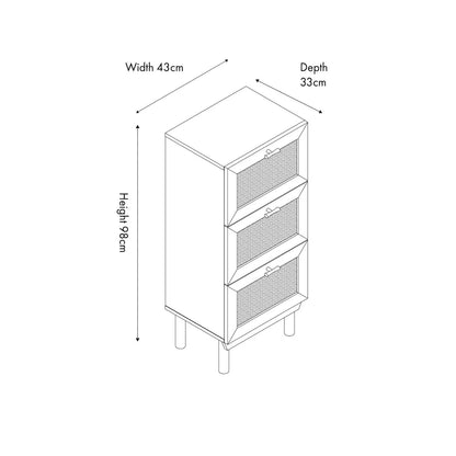 Natural Rattan 3 Drawer Wooden Chest of Drawers with Wood Veneer – Slim Tallboy Storage Unit with Raised Legs Dimensions 98x43x33cm – Natural Wood Bedroom Storage Cabinet with Woven Rattan Drawer Fronts, Brass Handles and Scandi Style Design | Click Style