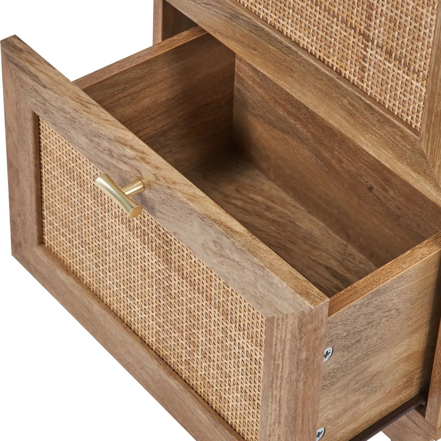 Natural Rattan 3 Drawer Wooden Chest of Drawers with Wood Veneer – Slim Tallboy Storage Unit with Raised Legs 98x43x33cm – Natural Wood Bedroom Storage Cabinet with Woven Rattan Drawer Fronts, Brass Handles and Scandi Style Design | Click Style