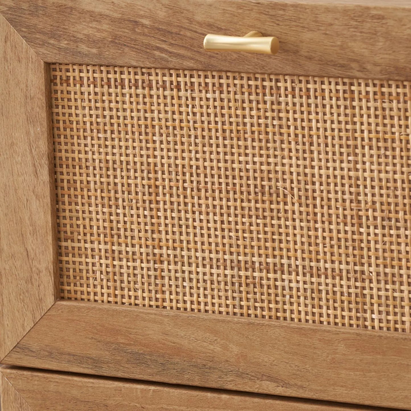 Natural Rattan 3 Drawer Wooden Chest of Drawers with Wood Veneer – Slim Tallboy Storage Unit with Raised Legs 98x43x33cm – Natural Wood Bedroom Storage Cabinet with Woven Rattan Drawer Fronts, Brass Handles and Scandi Style Design | Click Style