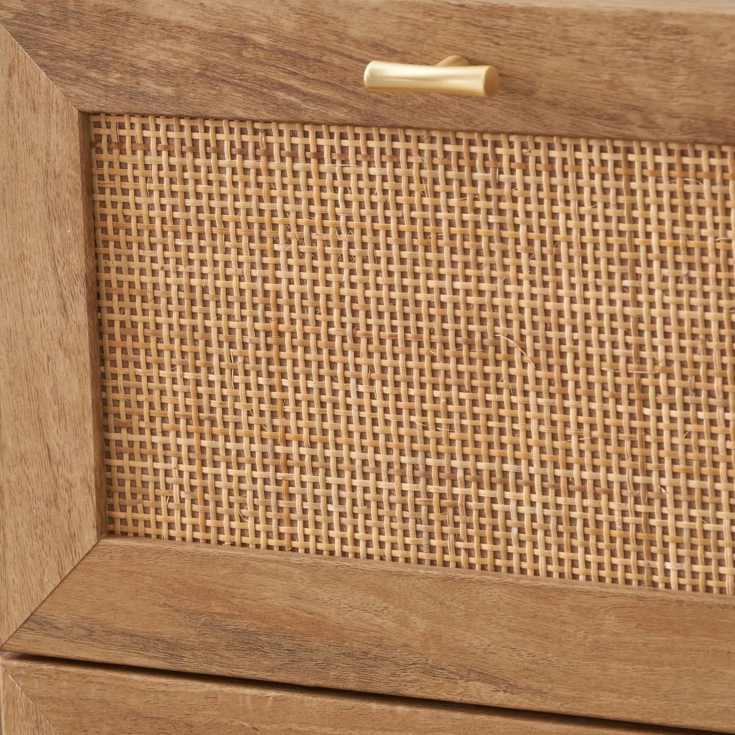 Natural Rattan 3 Drawer Wooden Chest of Drawers with Wood Veneer – Slim Tallboy Storage Unit with Raised Legs 98x43x33cm – Natural Wood Bedroom Storage Cabinet with Woven Rattan Drawer Fronts, Brass Handles and Scandi Style Design | Click Style
