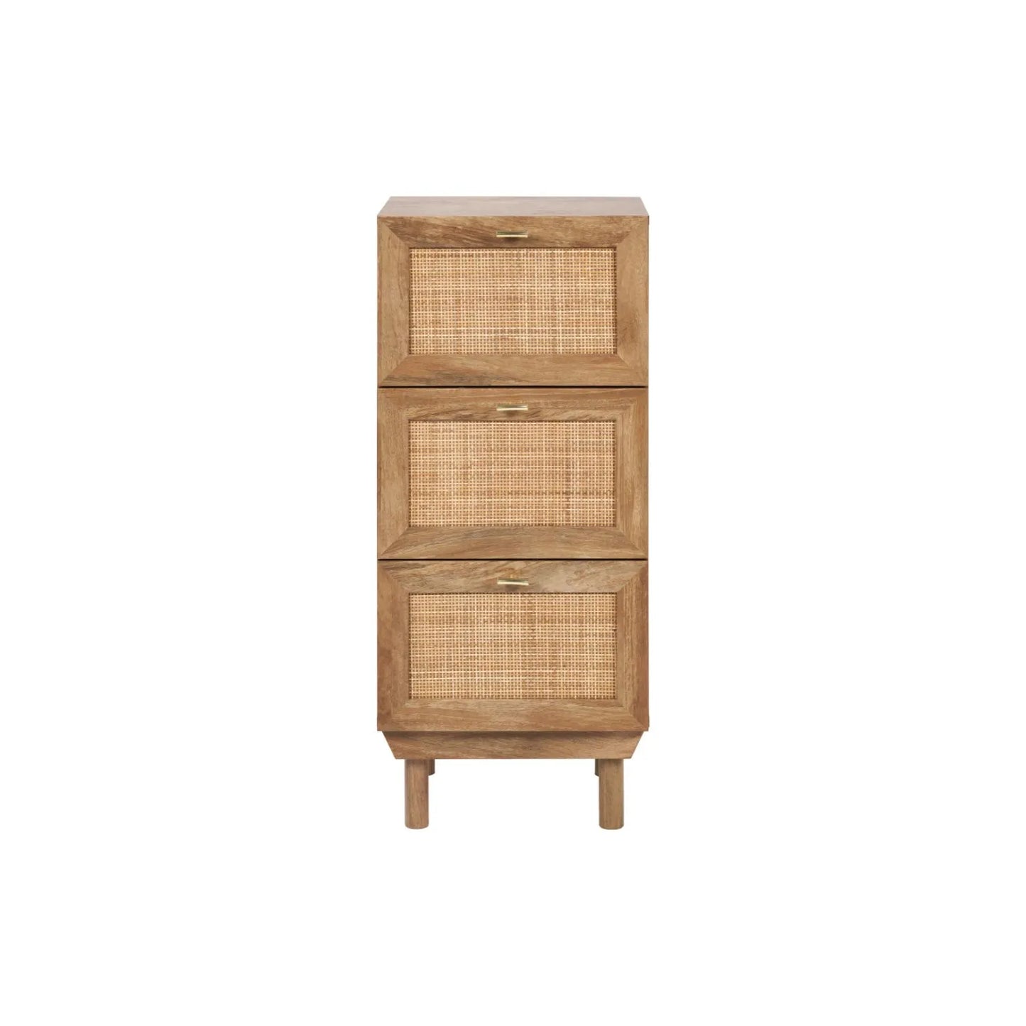 Natural Rattan 3 Drawer Wooden Chest of Drawers with Wood Veneer – Slim Tallboy Storage Unit with Raised Legs 98x43x33cm – Natural Wood Bedroom Storage Cabinet with Woven Rattan Drawer Fronts, Brass Handles and Scandi Style Design | Click Style