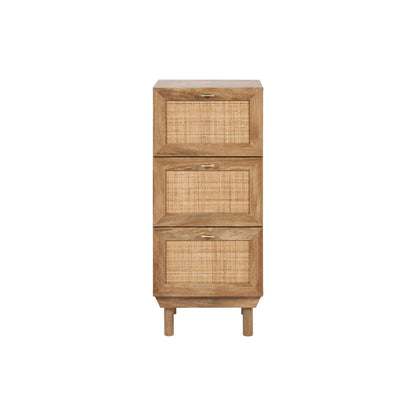 Natural Rattan 3 Drawer Wooden Chest of Drawers with Wood Veneer – Slim Tallboy Storage Unit with Raised Legs 98x43x33cm – Natural Wood Bedroom Storage Cabinet with Woven Rattan Drawer Fronts, Brass Handles and Scandi Style Design | Click Style