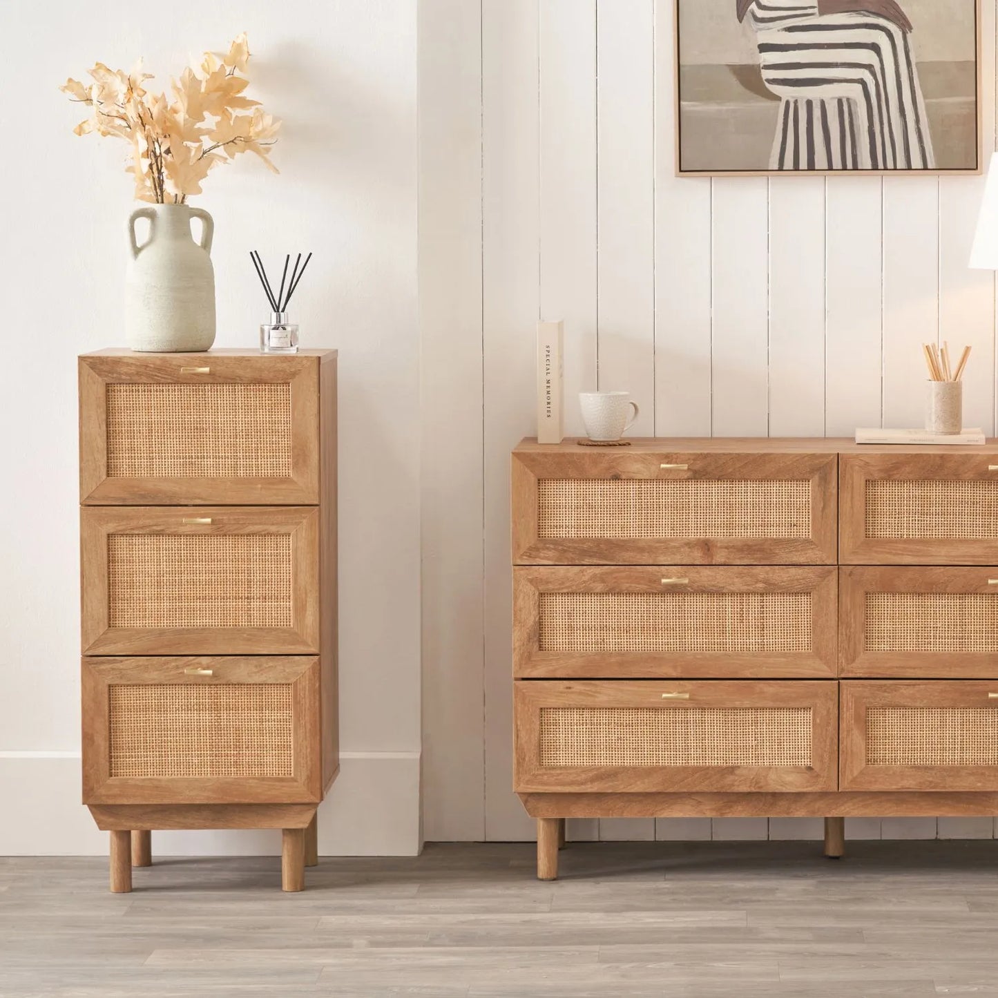 Natural Rattan 3 Drawer Wooden Chest of Drawers with Wood Veneer – Slim Tallboy Storage Unit with Raised Legs 98x43x33cm – Natural Wood Bedroom Storage Cabinet with Woven Rattan Drawer Fronts, Brass Handles and Scandi Style Design | Click Style