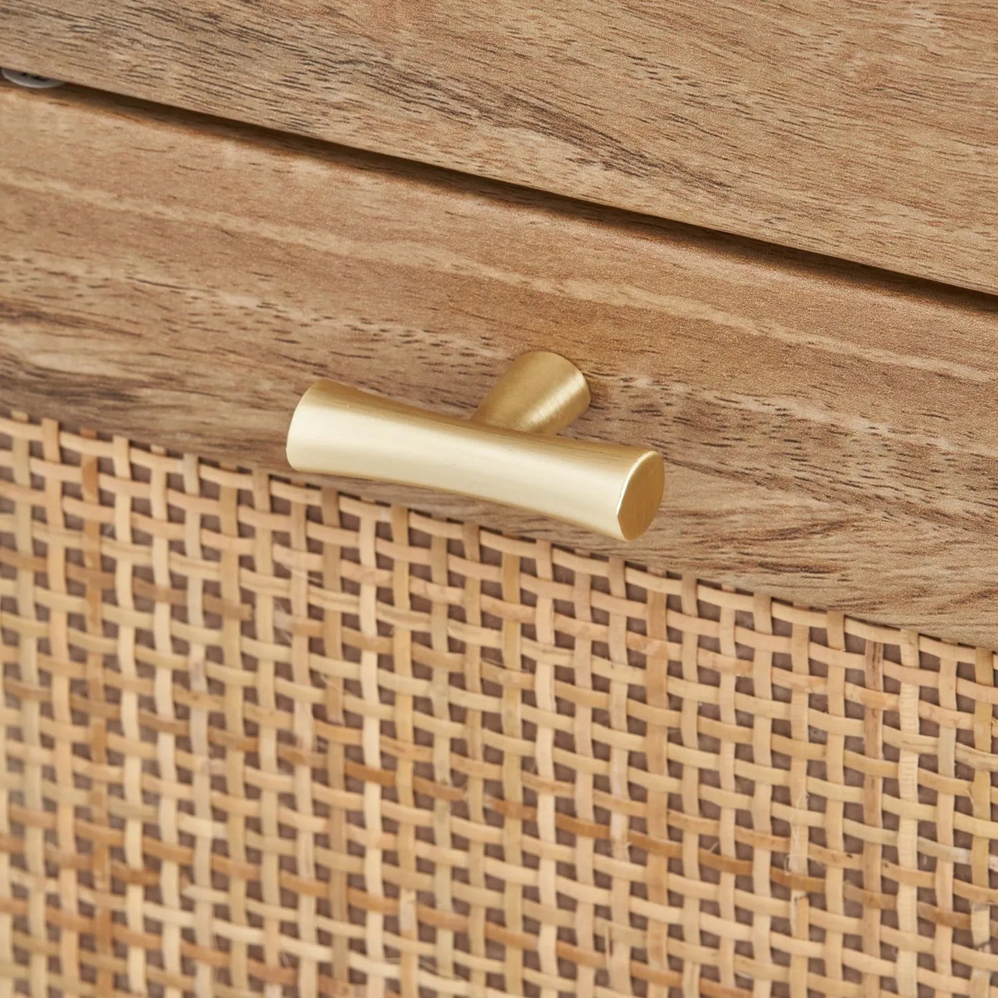 Natural Rattan 3 Drawer Wooden Chest of Drawers with Wood Veneer – Slim Tallboy Storage Unit with Raised Legs 98x43x33cm – Natural Wood Bedroom Storage Cabinet with Woven Rattan Drawer Fronts, Brass Handles and Scandi Style Design | Click Style