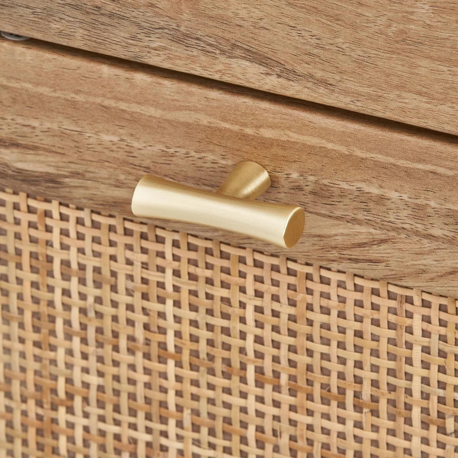 Natural Rattan 3 Drawer Wooden Chest of Drawers with Wood Veneer – Slim Tallboy Storage Unit with Raised Legs 98x43x33cm – Natural Wood Bedroom Storage Cabinet with Woven Rattan Drawer Fronts, Brass Handles and Scandi Style Design | Click Style