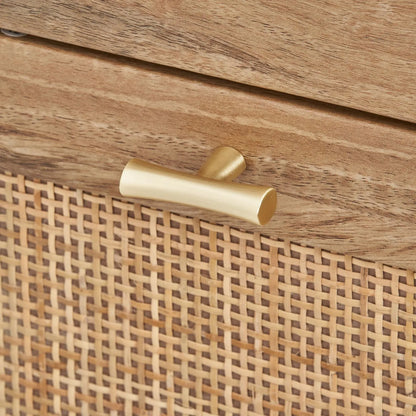 Natural Rattan 3 Drawer Wooden Chest of Drawers with Wood Veneer – Slim Tallboy Storage Unit with Raised Legs 98x43x33cm – Natural Wood Bedroom Storage Cabinet with Woven Rattan Drawer Fronts, Brass Handles and Scandi Style Design | Click Style