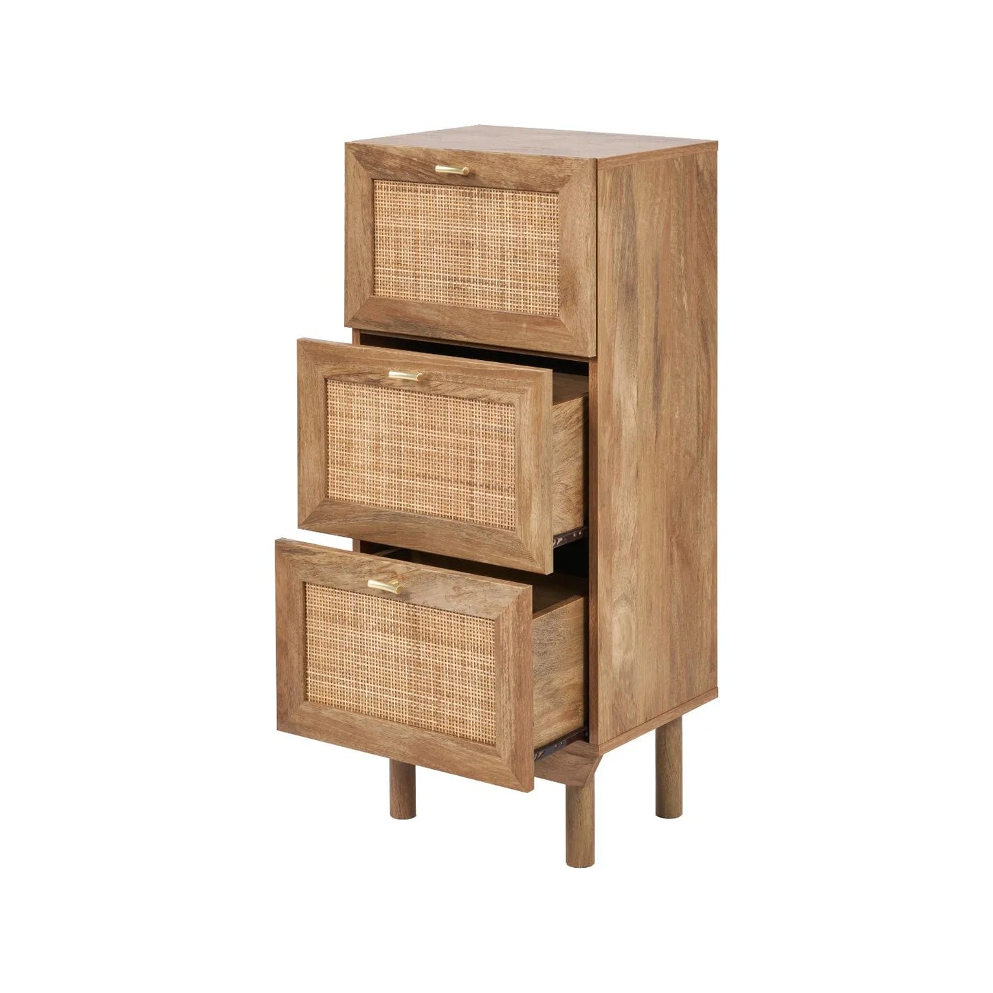 Natural Rattan 3 Drawer Wooden Chest of Drawers with Wood Veneer – Slim Tallboy Storage Unit with Raised Legs 98x43x33cm – Natural Wood Bedroom Storage Cabinet with Woven Rattan Drawer Fronts, Brass Handles and Scandi Style Design | Click Style