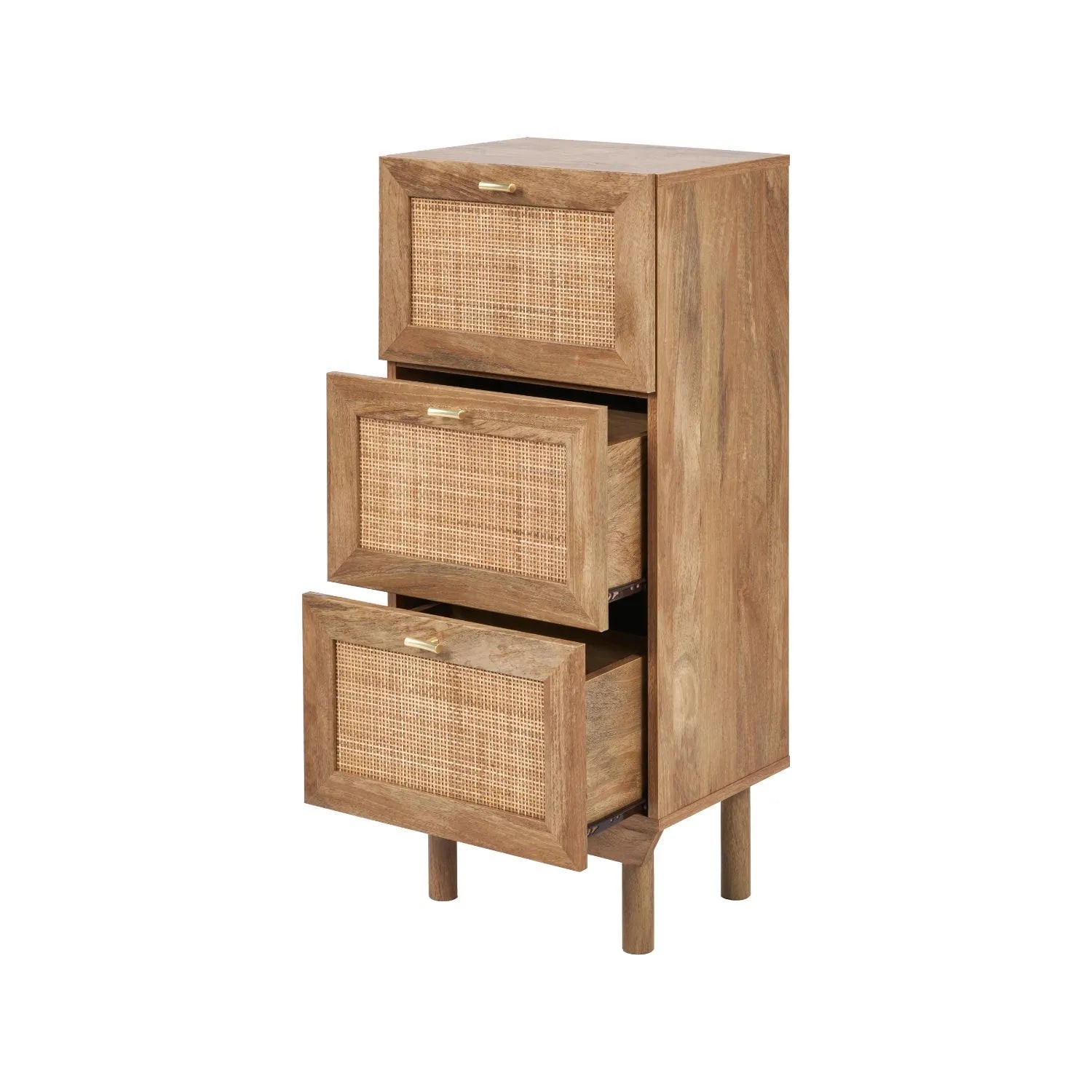Natural Rattan 3 Drawer Wooden Chest of Drawers with Wood Veneer – Slim Tallboy Storage Unit with Raised Legs 98x43x33cm – Natural Wood Bedroom Storage Cabinet with Woven Rattan Drawer Fronts, Brass Handles and Scandi Style Design | Click Style