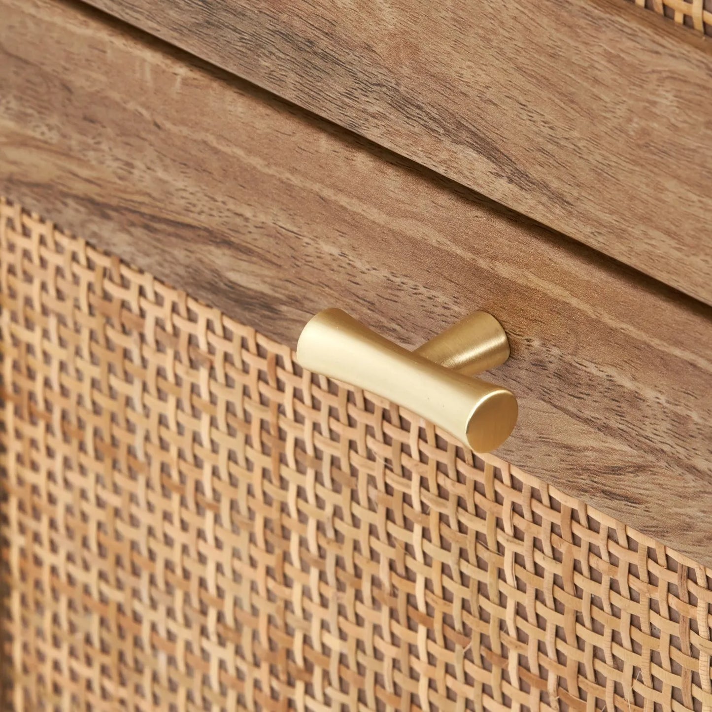 Natural Rattan 3 Drawer Wooden Chest of Drawers with Wood Veneer – Slim Tallboy Storage Unit with Raised Legs 98x43x33cm – Natural Wood Bedroom Storage Cabinet with Woven Rattan Drawer Fronts, Brass Handles and Scandi Style Design | Click Style