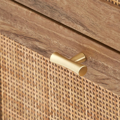 Natural Rattan 3 Drawer Wooden Chest of Drawers with Wood Veneer – Slim Tallboy Storage Unit with Raised Legs 98x43x33cm – Natural Wood Bedroom Storage Cabinet with Woven Rattan Drawer Fronts, Brass Handles and Scandi Style Design | Click Style